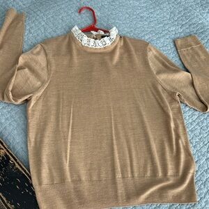 J Crew Tippi sweater with Lace Collar, Tan. Size Large. Worn once.